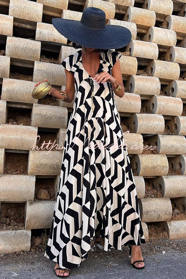 Fresh Breeze Ethnic Unique Print Ruffle Sleeve A-line Maxi Dress