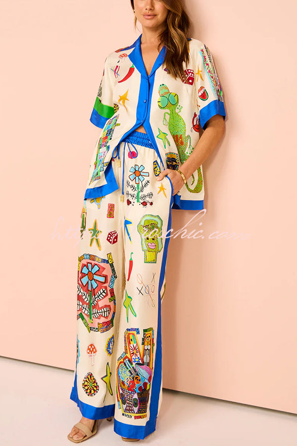 Vibrant Beach Satin Unique Print Colorblock Trim Elastic Waist Pocketed Wide Leg Pants