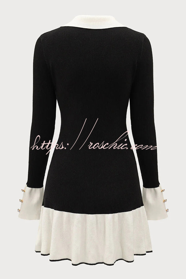 Stylish Color-blocked Long-sleeved Button-decorated Knitted Mini Dress