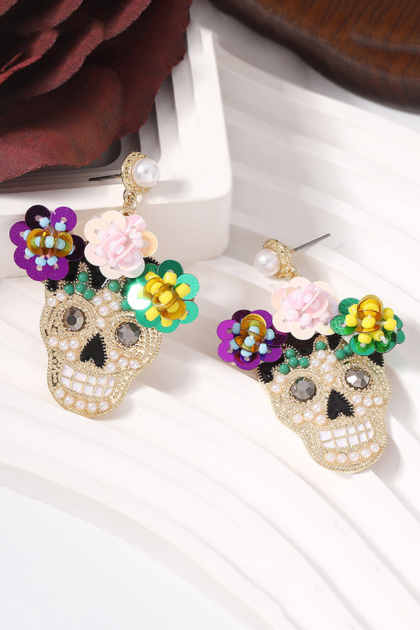 Fashion Flower Skull Diamond Earrings