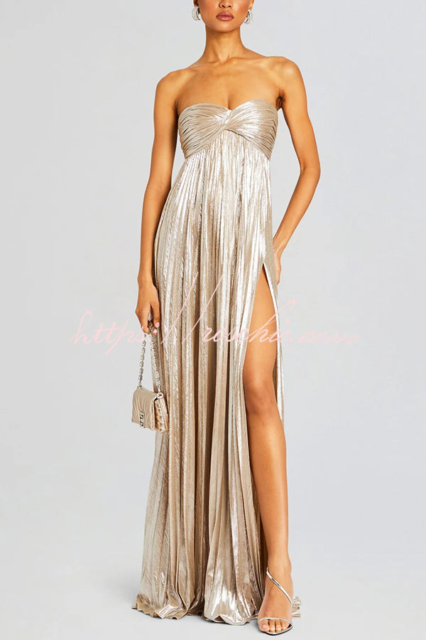 Metallic Sexy Tube Top Pleated High Slit Maxi Dress