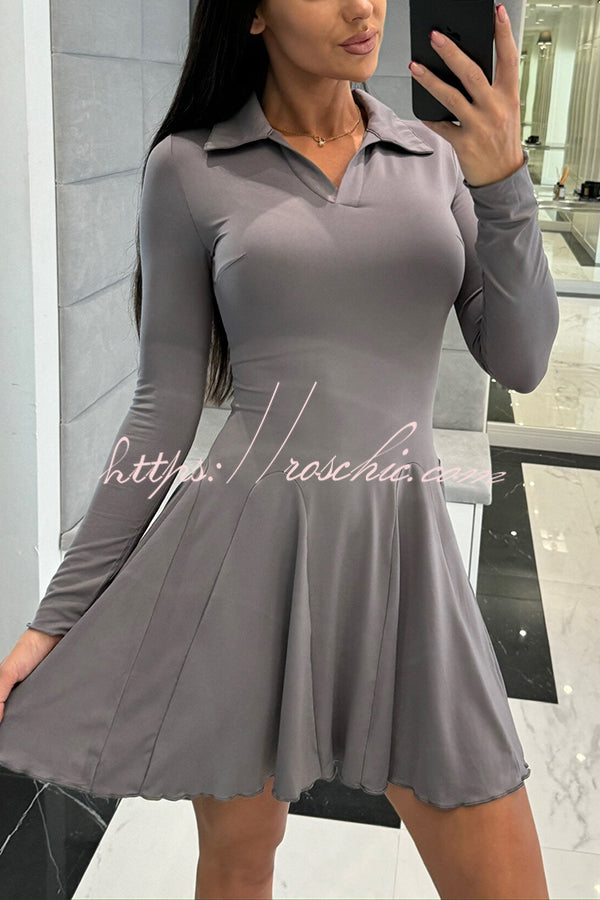 Solid Color Lapel Long Sleeve Slim Fit Waist Mini Dress