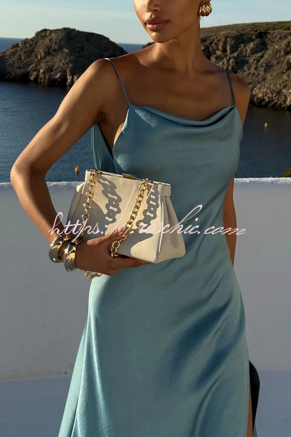 Flowing Elegance Satin Draped Neck Backless Ruffle Slit Maxi Dress