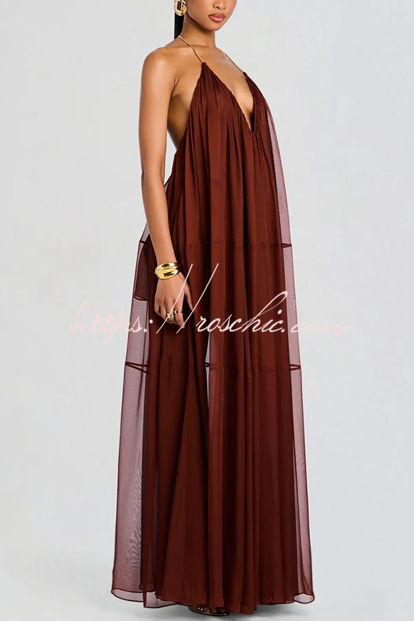Flowing Lightweight Chiffon Chain Halter Neck Detail Backless A-line Maxi Dress