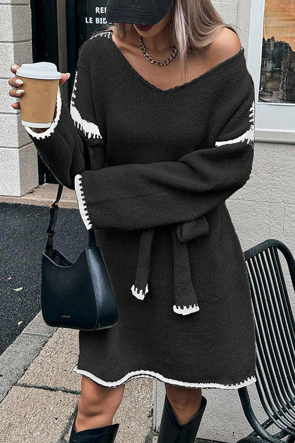 Stylish Loose-fitting Long-sleeved Tie-waist Knit Mini Dress