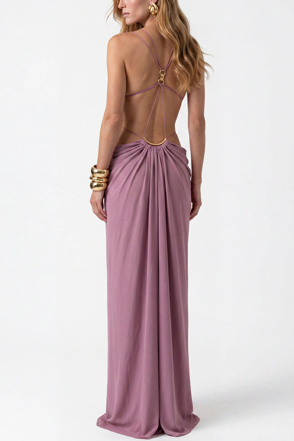 link backless dress Athena Metal-Link Cutout Design Back Lace-up Drape Maxi – roschic 90s French Puff Sleeve fabric-type:95-polyester-5-spandex rose gold faux leather Color:LIGHT PINK