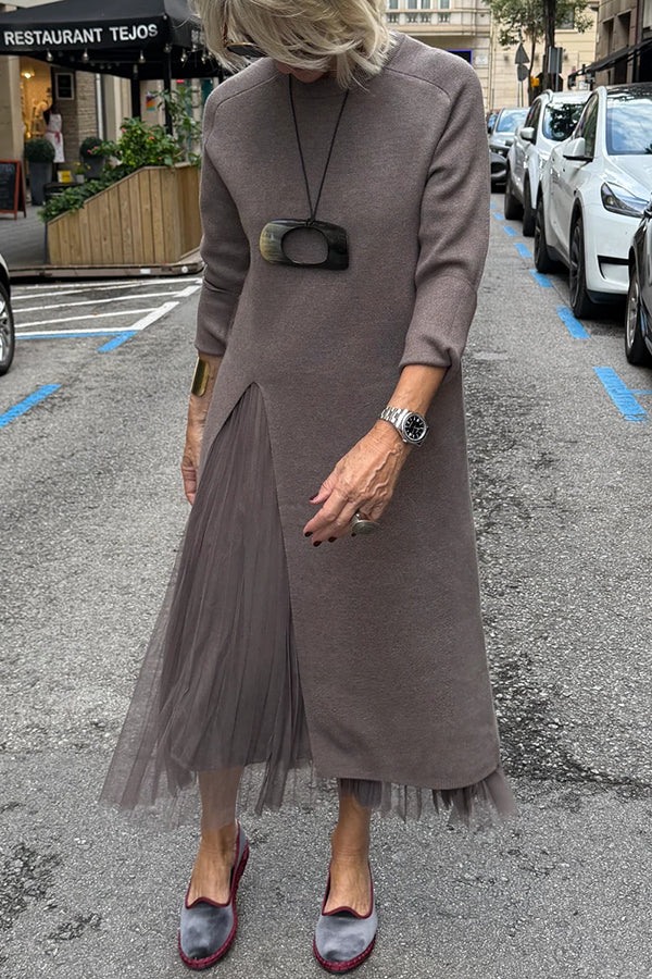 Jollie Knit Long Sleeve Front Slit Midi Sweater and Pleated Tulle Stretch Tank Midi Dress Two-piece