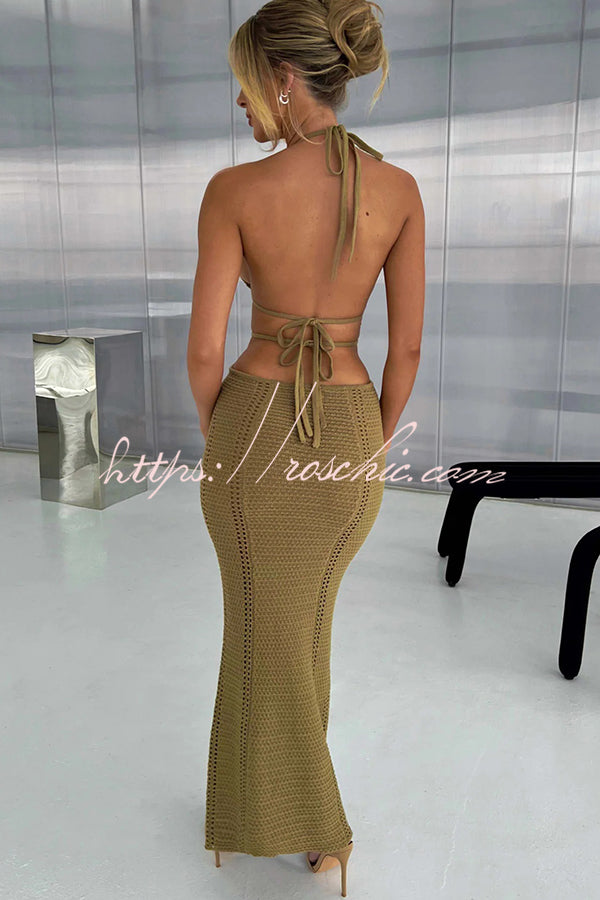 Effortlessly Cool and Sexy Knit Crochet Cutout Halter Tie-up Stretch Maxi Dress