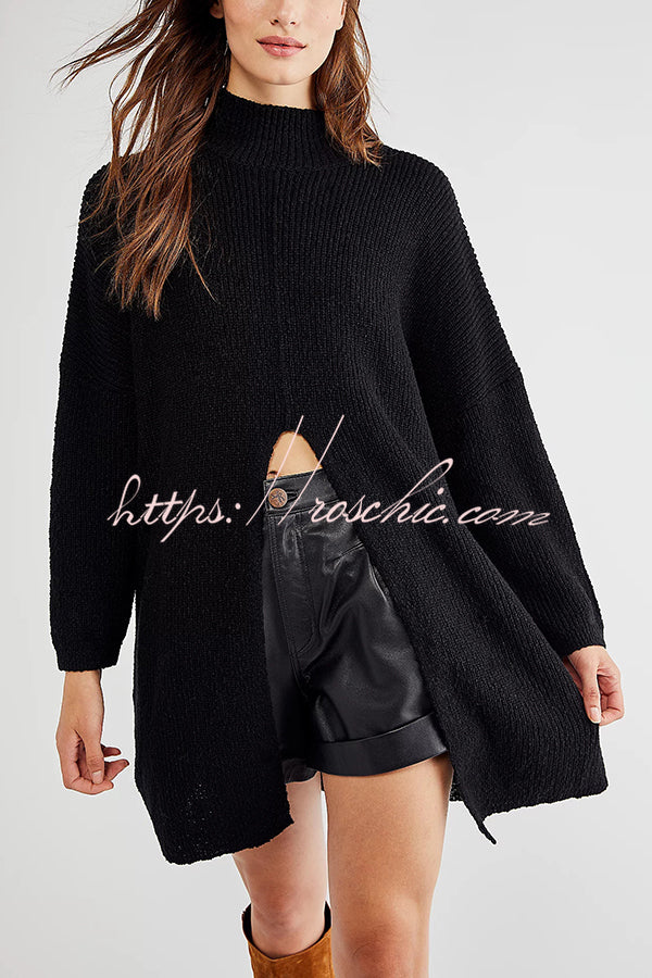 Solid Color Long Sleeve Slit Knitted Sweater