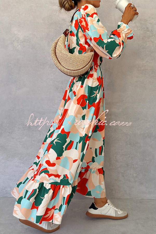 Colorful Printed V-neck Waist High Slit Ruffled Maxi Dress