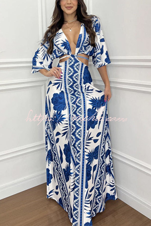 Wilma Unique Print Cutout Elastic Waist Tie-up Kimono Sleeve Maxi Dress