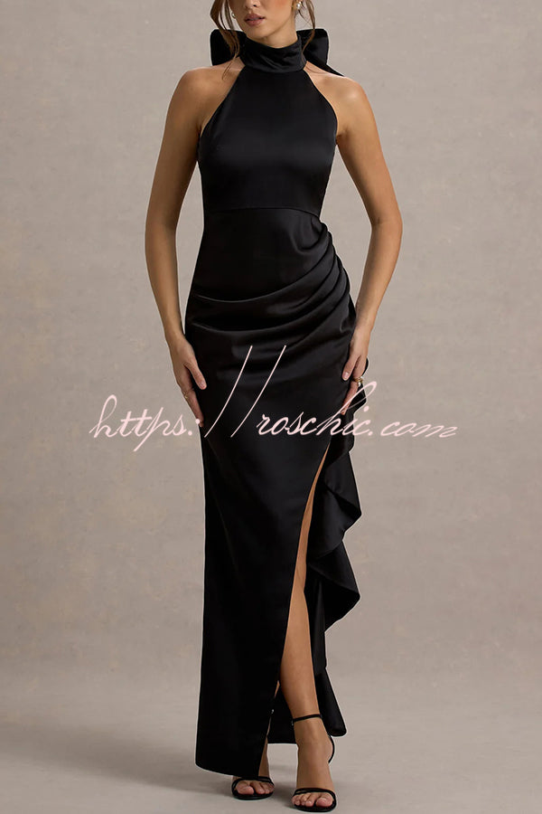 Maureen Satin High Neck Ruched Ruffle Slit Draped Maxi Dress