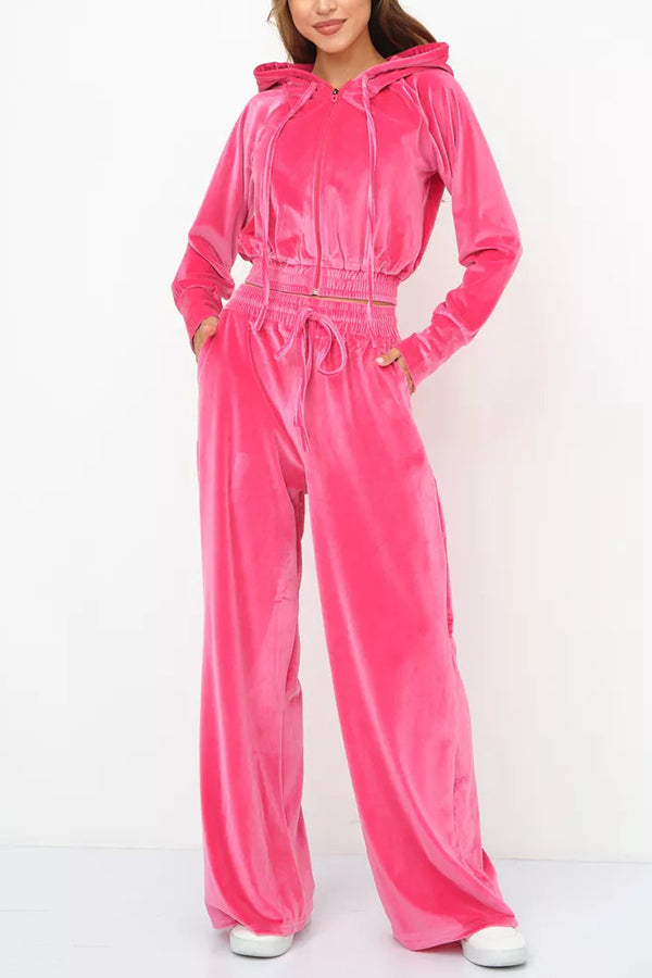 Solid Color Velvet Hooded Zip-up Sweatshirt and Elastic Waist Casual Pocket Straight-leg Pants Set