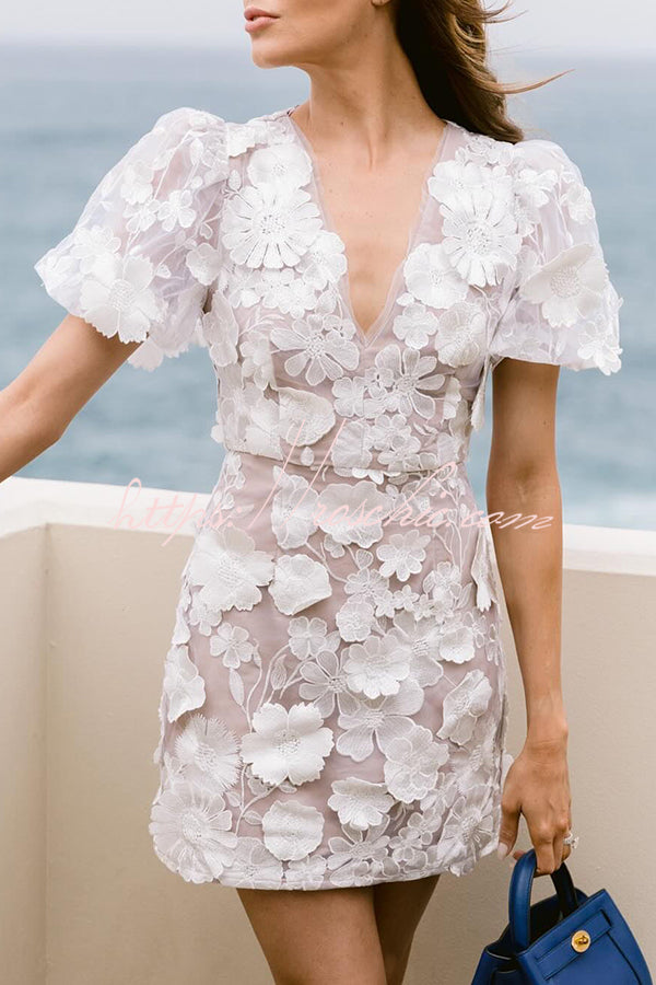 Garden Gala Embroidered Floral Applique Puff Sleeve Mini Dress