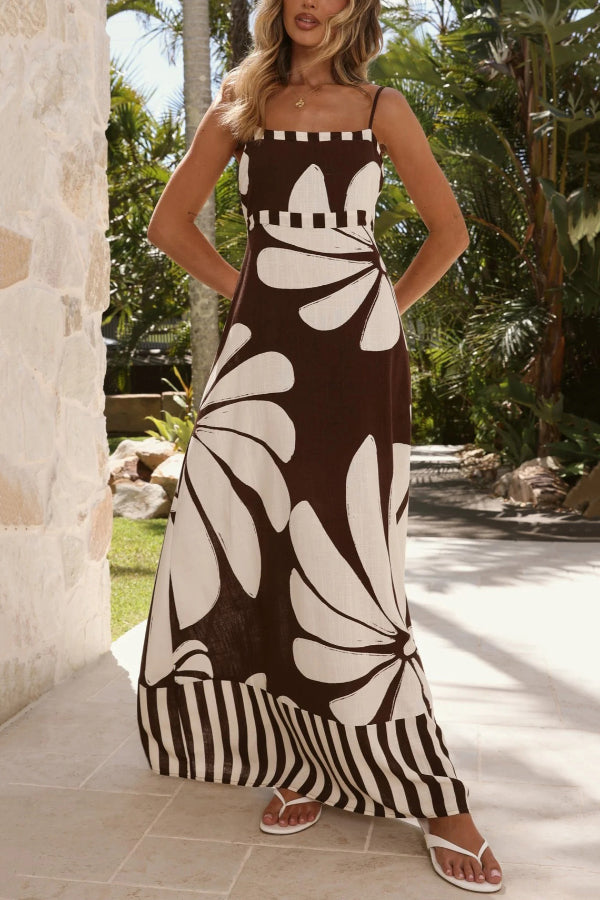 Color-blocked Floral Print Spaghetti Strap Back Pleats Casual Maxi Dress