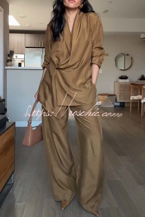 Bella Satin Drape Collar Single Button Casual Blazer and Elastic Waist Pocket Loose Pants Set