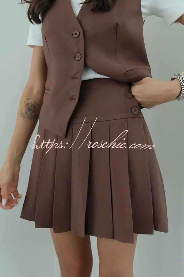 Solid Color Sleeveless Buttoned Vest and High-waisted Pleated Mini Skirt Set