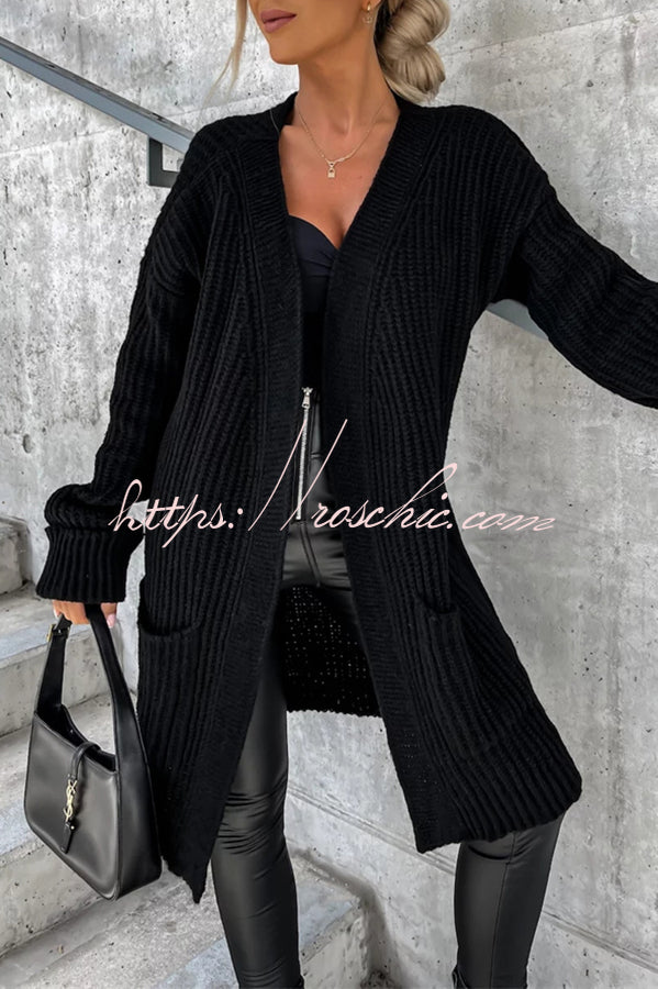 Solid Color Striped Pocket Long Sleeve Cardigan