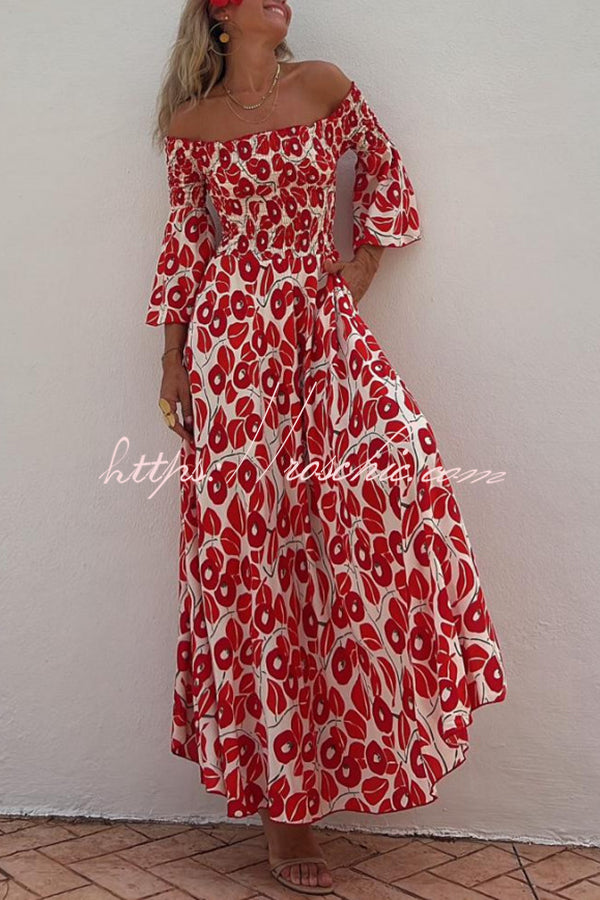 Close To The Vacation Floral Print Smocked Off Shoulder Pocketed Maxi Dress