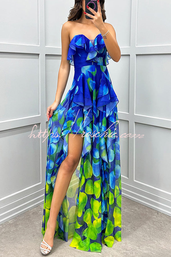 Loving Moment Gradient Unique Print Flowing Layered Ruffles Strapless – roschic
