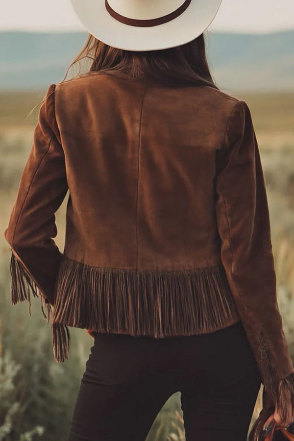 Retro-style Lapel Long-sleeved Tassel Casual Suede Short Jacket