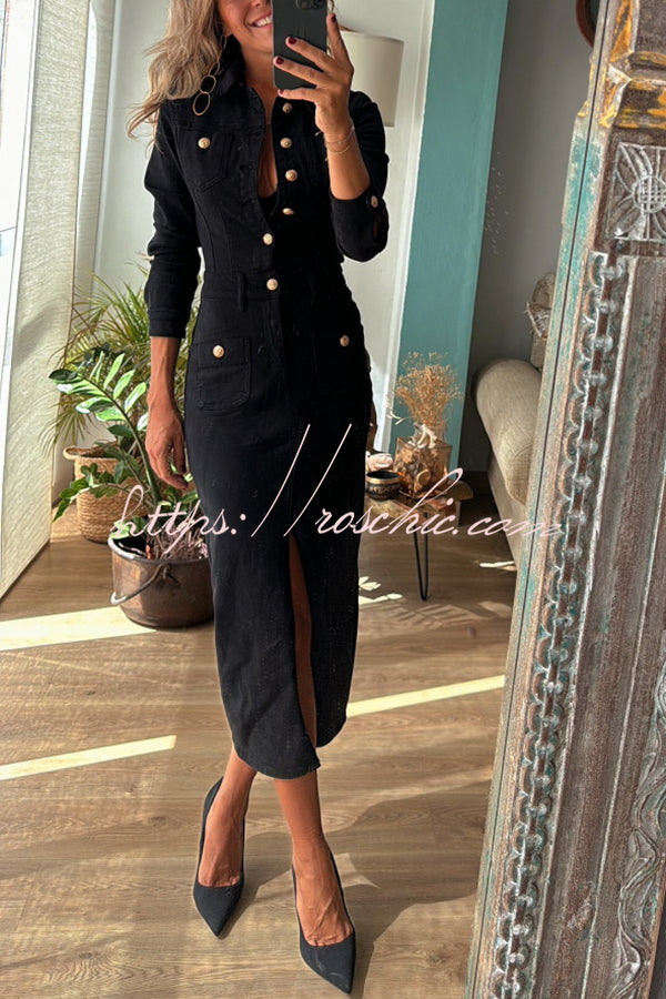 Tessy Denim Metal Button Zipper Shirt Stretch Pencil Slit Midi Dress