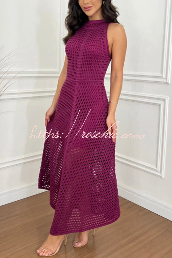 Violet Crochet Knit Round Neck Texture A-line Maxi Dress