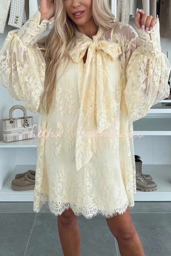 Night Rose Lace Bow Neck Long Balloon Sleeve A-line Mini Dress