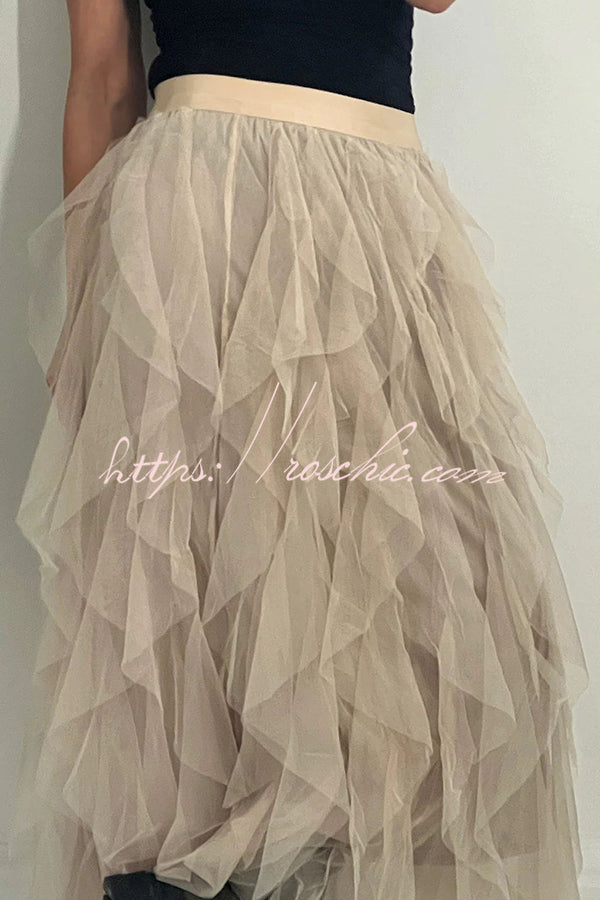 Glitz & Glammer Ruffled Tulle Stretch Waist Midi Skirt