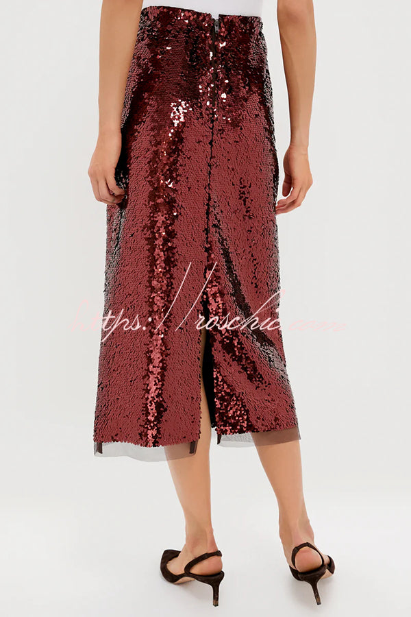 Upper East Chic Sequin Mesh Trim High Rise Slit Pencil Midi Skirt