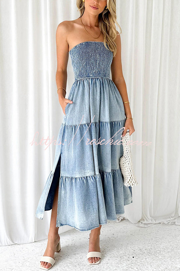 Asmn Off Shoulder Pleated Pocket Paneled Denim Maxi Dress