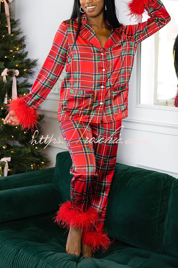 Christmas Besties Party Printed Feather Trim Elastic Waist Pocketed Pajama Set