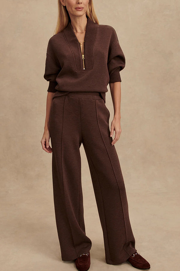 Meet The Autumn Ribbed Zipper Neck Sweatshirt and Elastic Waist Pocketed Loose Pants Set