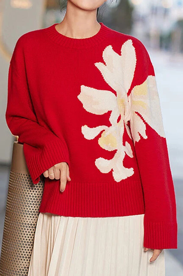 Fashionable Color-blocked Floral Loose Long-sleeved Knit Sweater