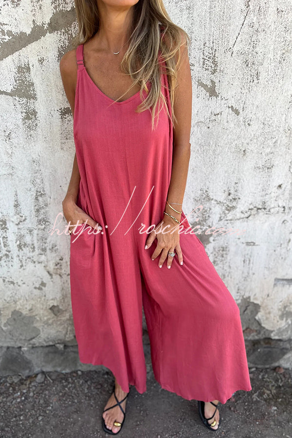 Linen Blend Solid Color Suspenders Loose Pockets Casual Wide-leg Jumpsuit