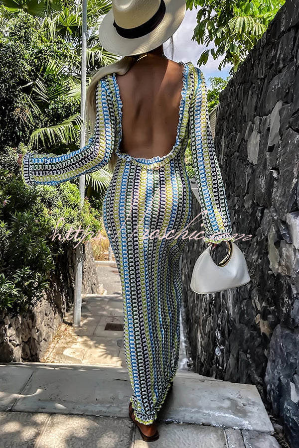 Ruffled Backless Long-sleeved Wavy Striped Beach Resort Maxi Dress