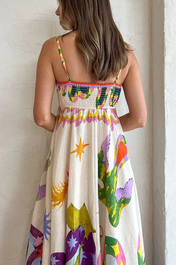 feel effortlessly linen blend unique print smocked back midi dress Feel Effortlessly Linen Blend Unique Print Smocked Back Pocketed Midi roschic