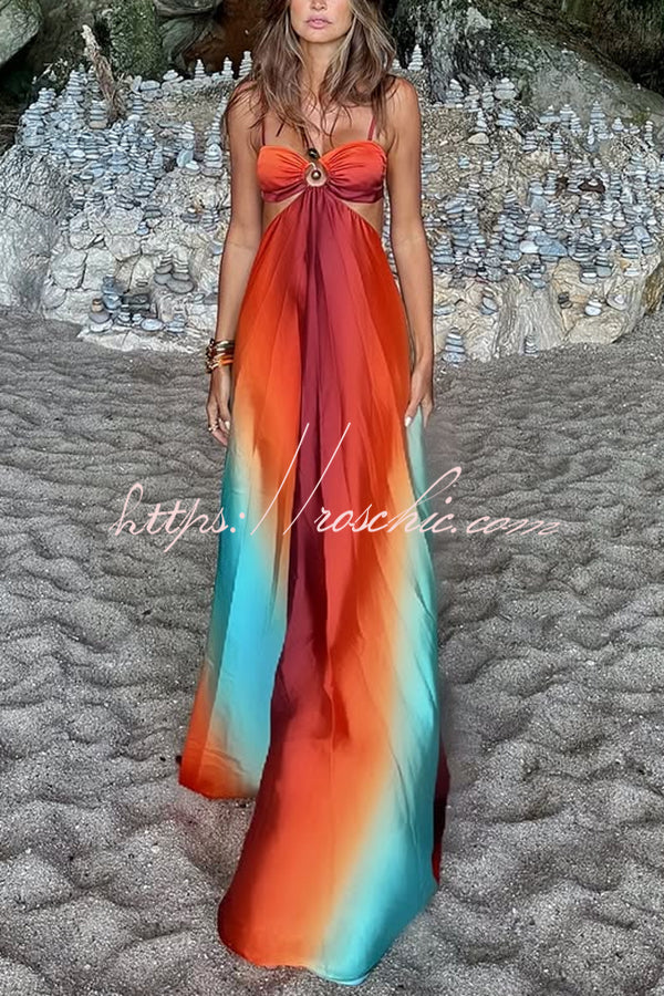 Neon Sunset Printed Metal Decoration Cutout Back Tie-up Vacation Maxi –  roschic