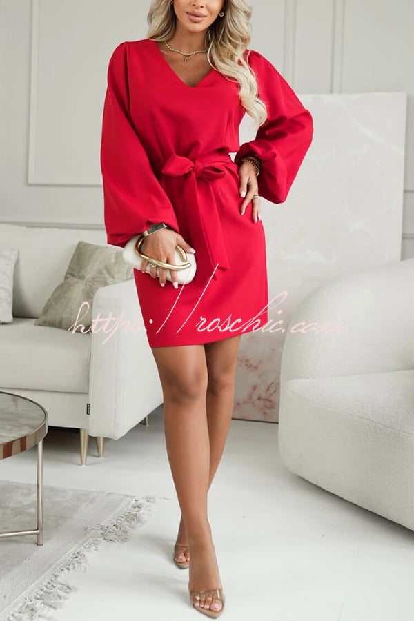 Holiday Gatherings V-neck Long Balloon Sleeve Tie-up Waist Loose Mini Dress