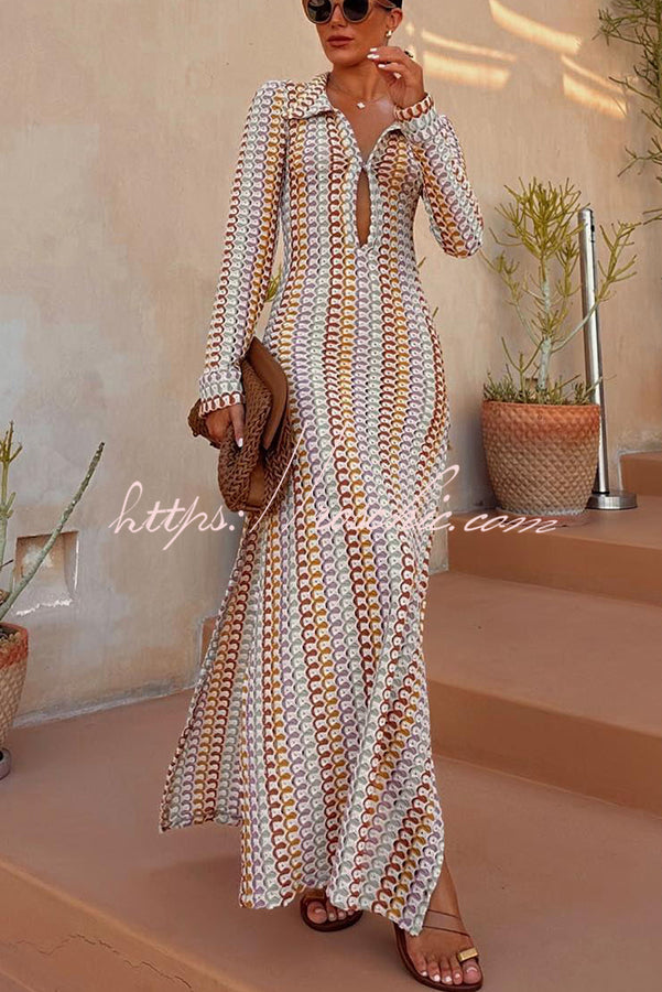 Bondi Beach Knit Colorful Wave Print Long Sleeve Vacation Maxi Dress Bondi Beach Knit Colorful Wave Print Long Sleeve Vacation Maxi Dress