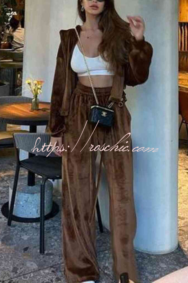 Velvet Casual Zip-up Hooded Top and Elastic Waist Wide Leg Pants Set