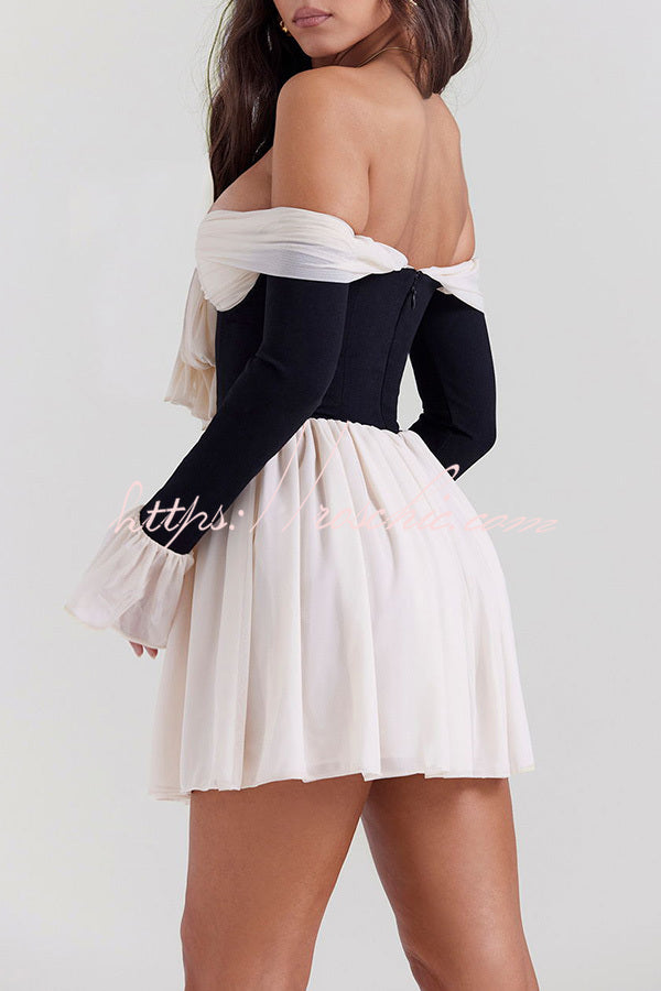 Dreamy Off Shoulder Color Block Bow Long Sleeve Mini Dress