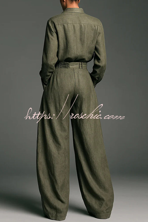 Linen Blend Lapel Long-sleeved Casual Shirt and High-waist Pocket Loose Wide-leg Pants Set