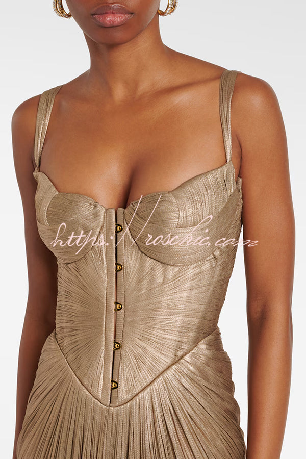 Vegas Queen Metallic Pleated Sculpted Bodice Back Lace-up Drape Maxi Dress