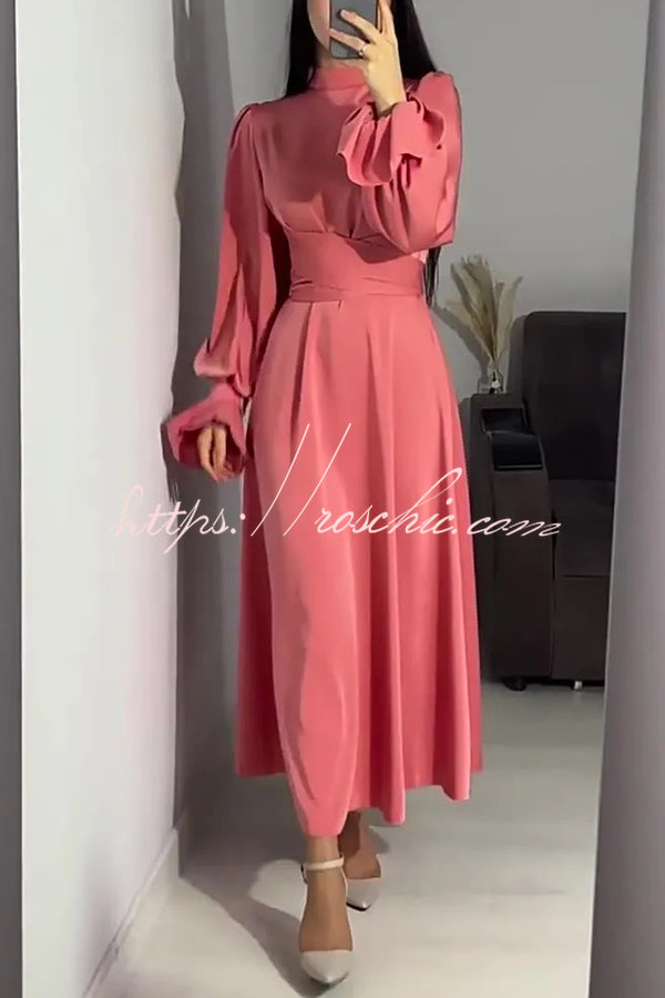 Solid Color Ruffled Sleeves Waisted Tie Slim Fit Maxi Dress