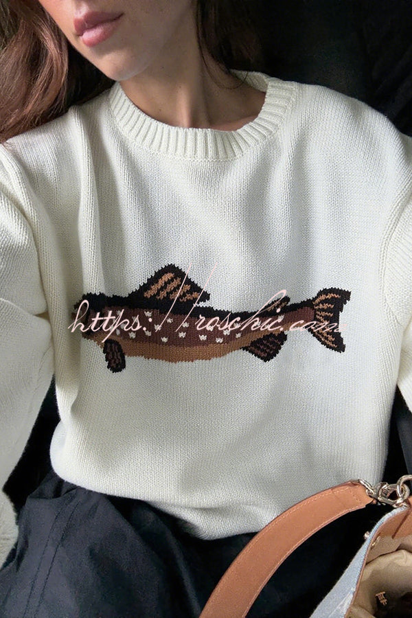 Fashionable Fish Pattern Round Neck Loose Knitted Sweater