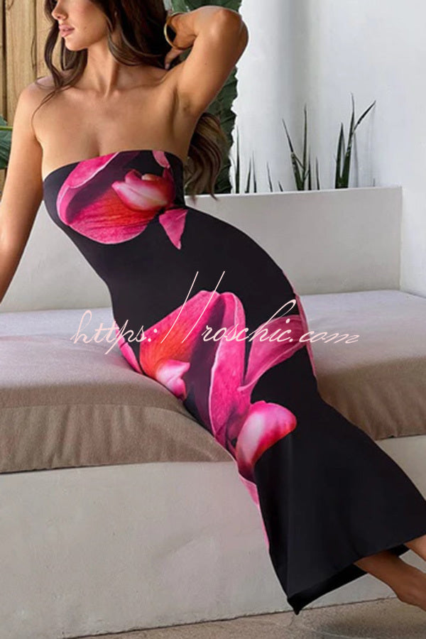 Emmaline Abstract Floral Print Bandeau Stretch Maxi Dress