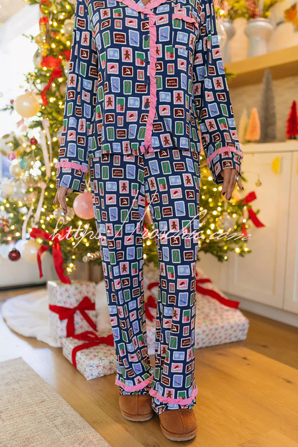 Postcards To Santa Unique Print Ruffles Trim Pocket Shirt and Elastic Waist Pajama Set