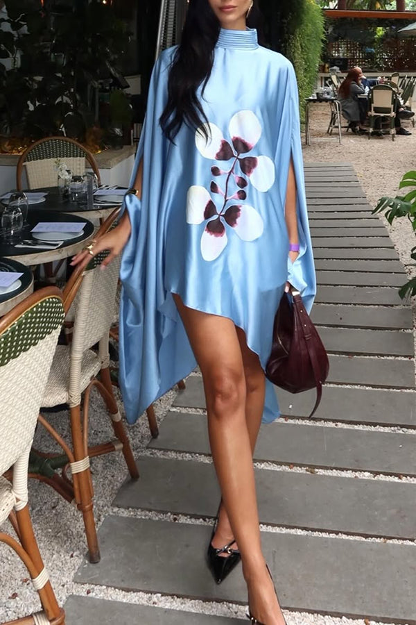 high neck loose dress Luisa Satin Floral Print Pleated High-neck Batwing Cutout Sleeve Loose Cape  Mini Dress