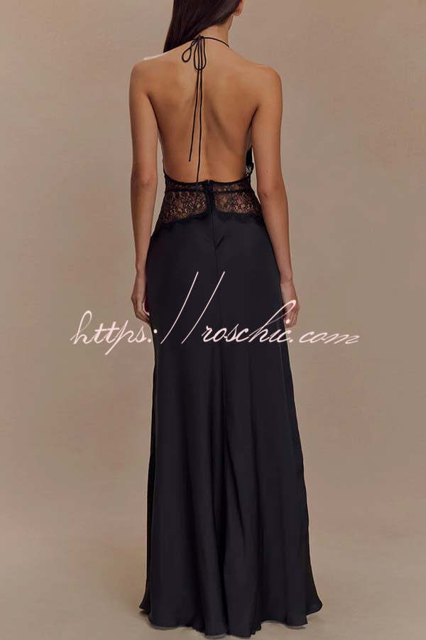 Seductive Details Satin Lace Waist Halter Tie-up Backless Maxi Dress